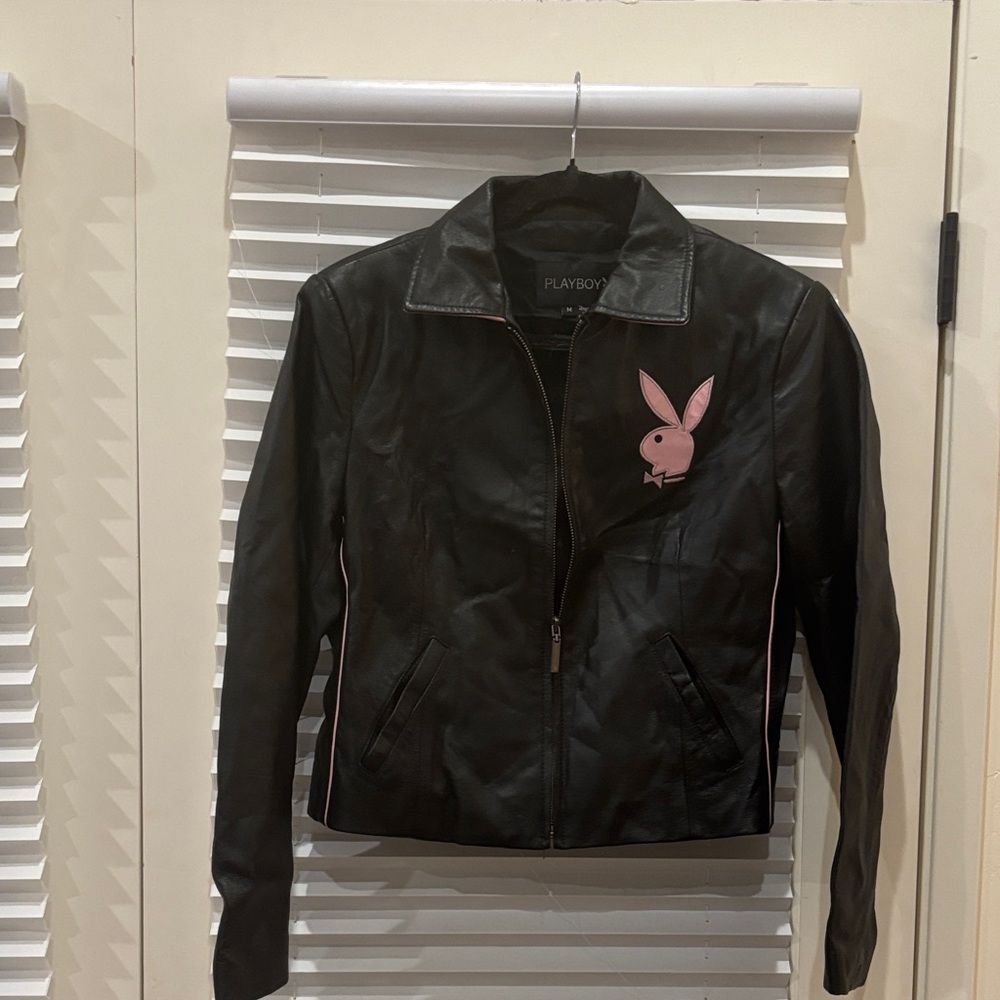 PLAYBOY Leather Jacket in Black with Pink Emblem
